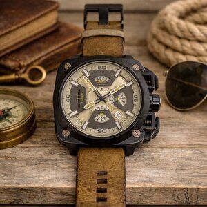Mens Diesel DZ 7342 10 Bar Chronograph Watch With Distressed Brown Leather Strap